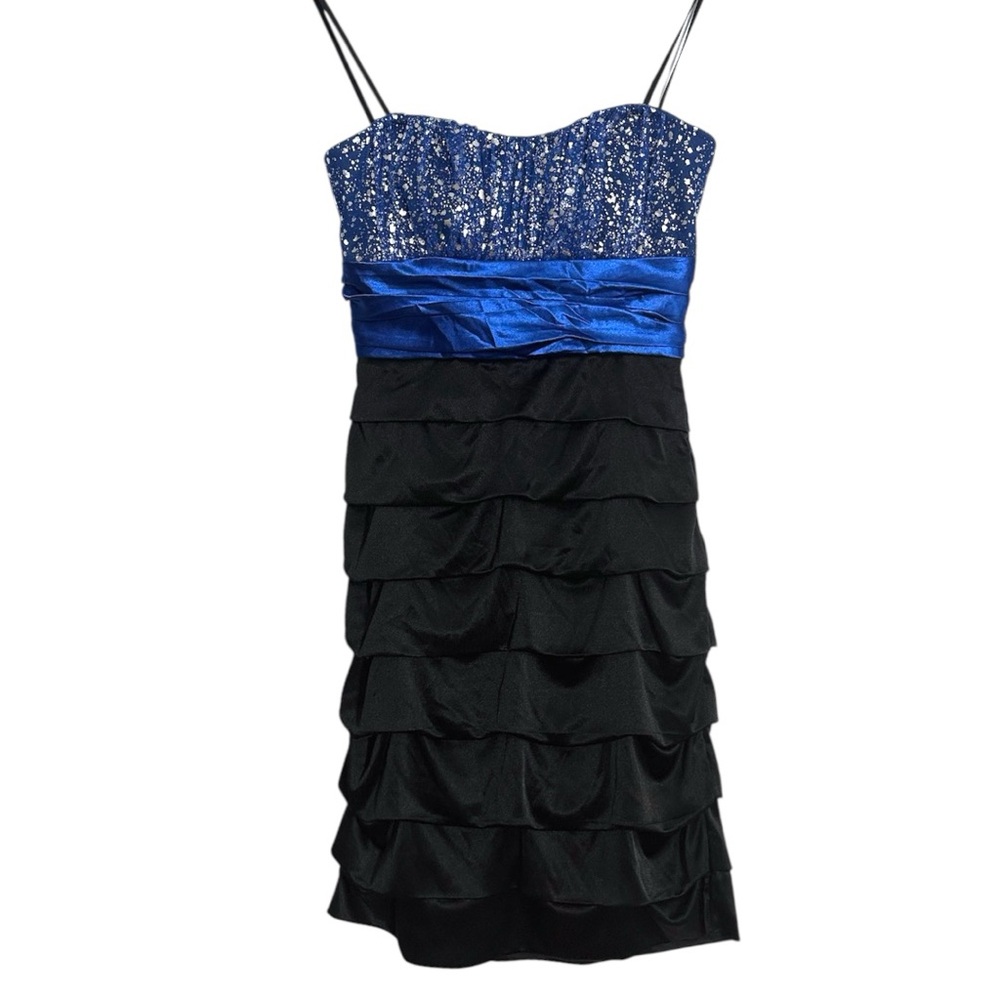 Speechless Glitter Bodice Layered Ruffle Mini Dress Y2K Blue & Black Size Small
